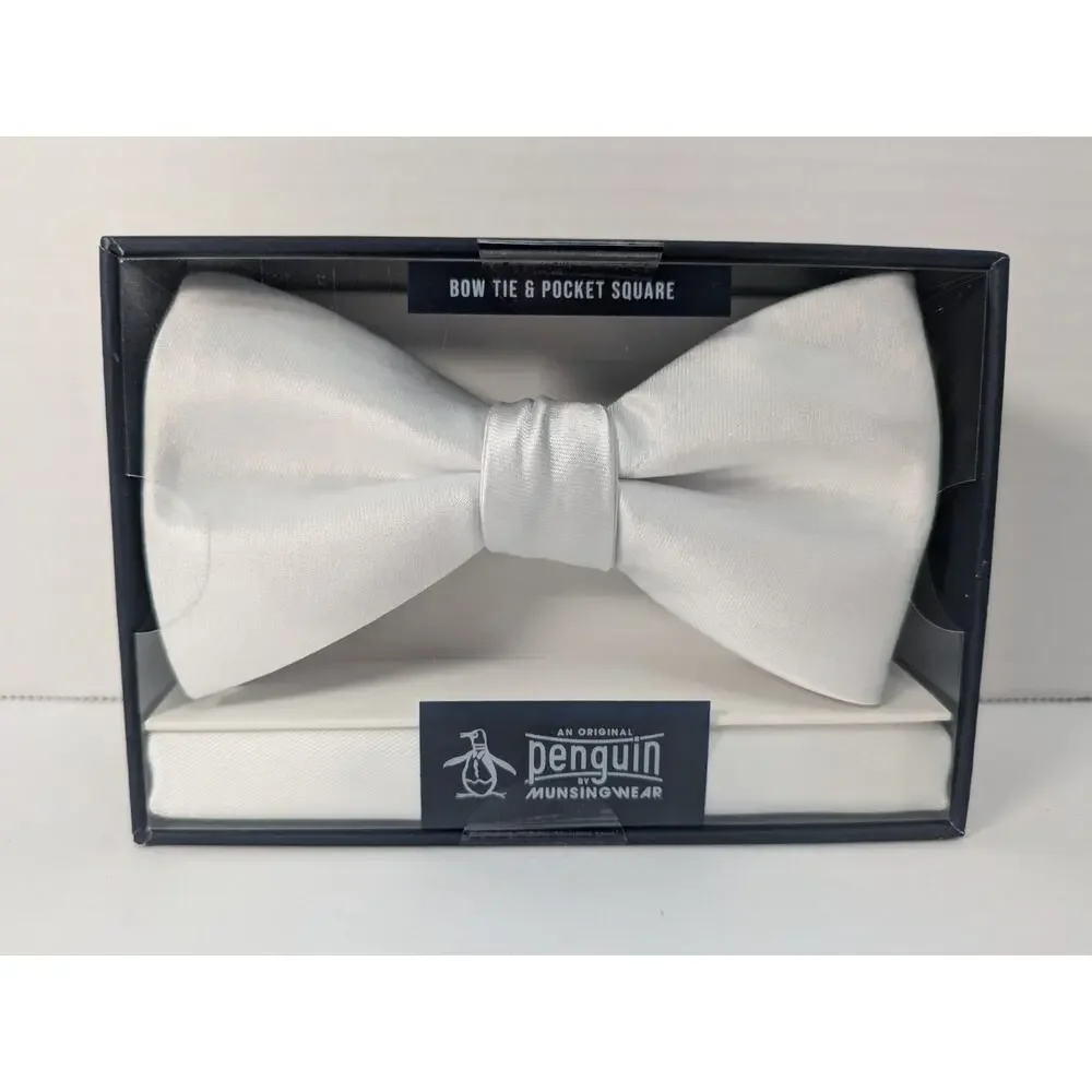 Original Penguin Bow Tie & Pocket Square‎ Set Choice of White or Plum / Eggplant